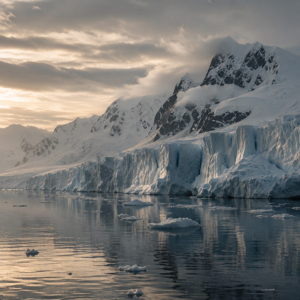 Glacier and snow peaks over still water