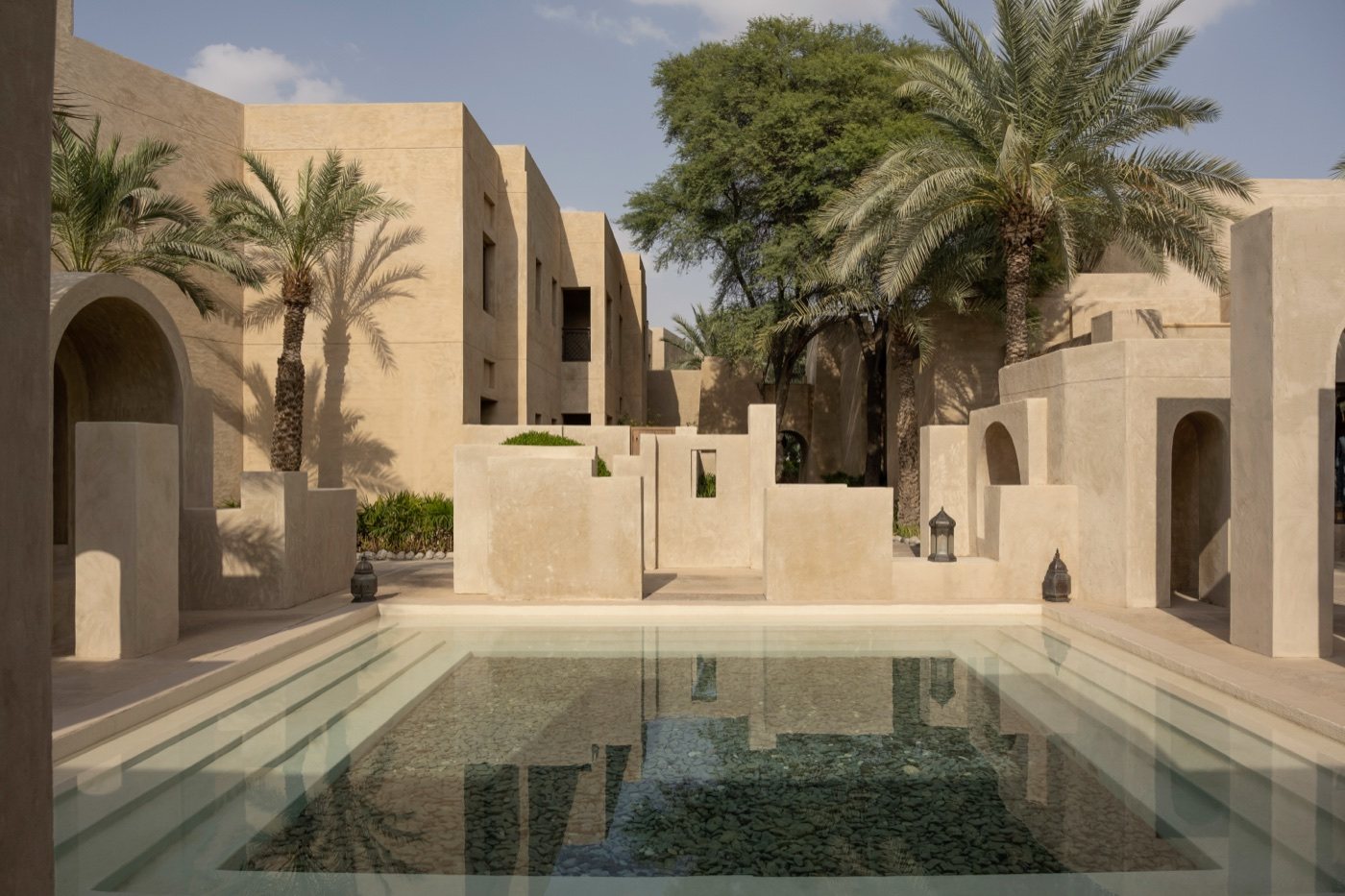 Desert resort courtyard with a reflecting pool