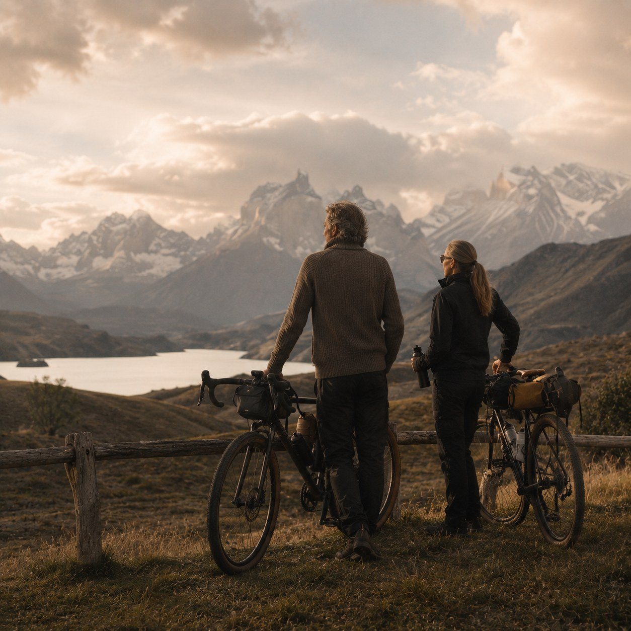 Couple with bikes overlooking the Patagonian peaks