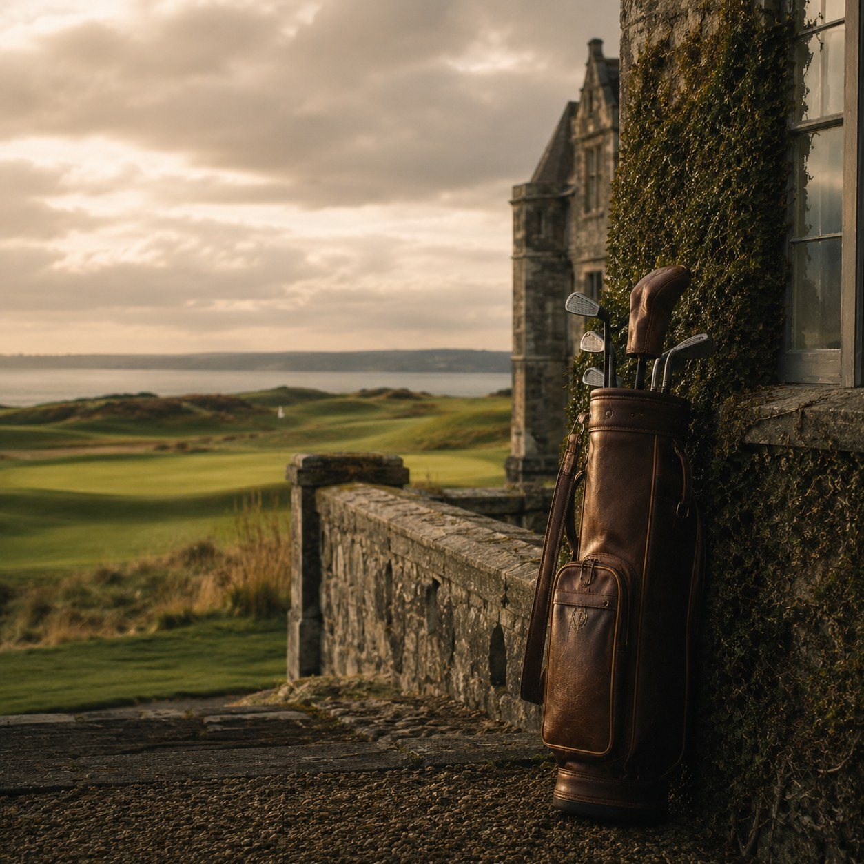 Leather golf clubs against a manor overlooking a links course