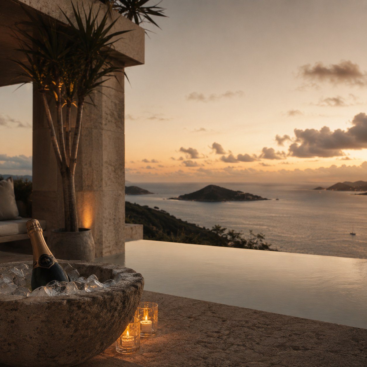 Infinity pool villa at sunset, St. Barts
