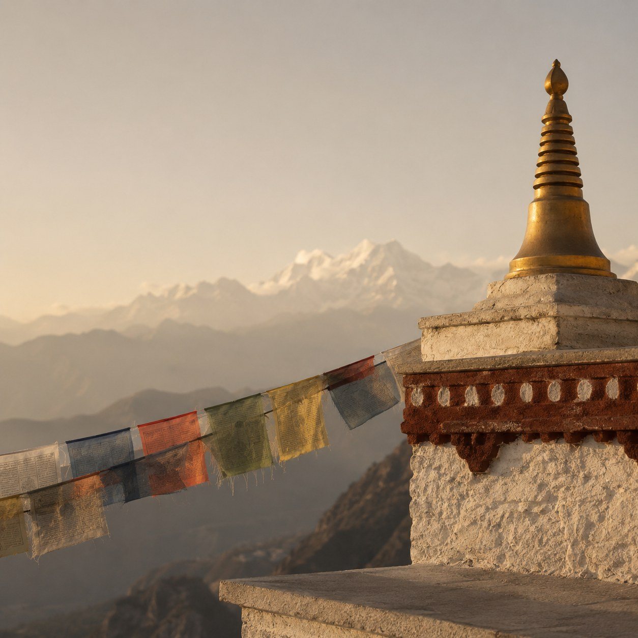 Stupa and prayer flags above the Himalayas