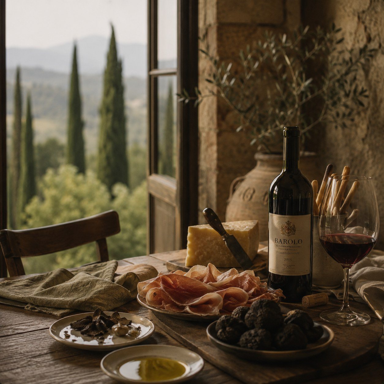 Tuscan table with Barolo, prosciutto and truffles
