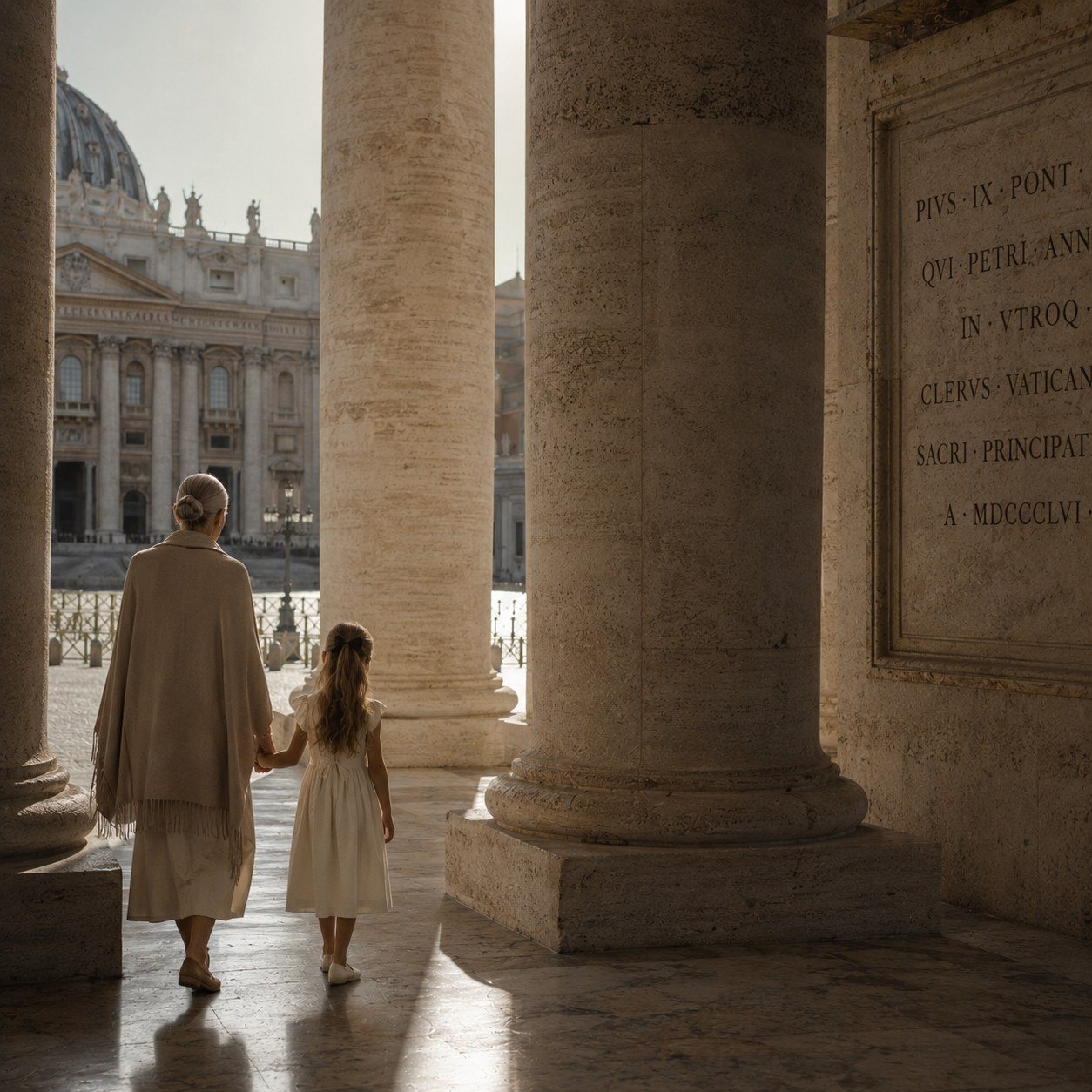 Grandmother and child walking through St. Peter's colonnade